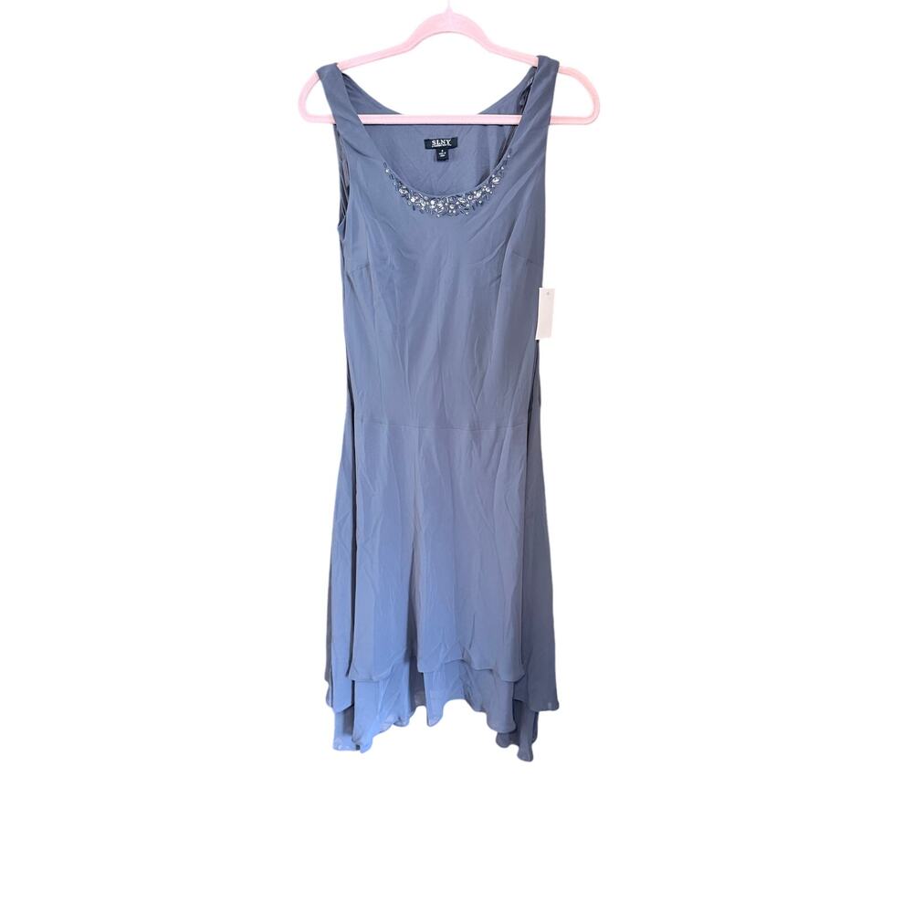 NWOT SLNY gray chiffon midi dress size 8 sequin neckline romantic wedding guest